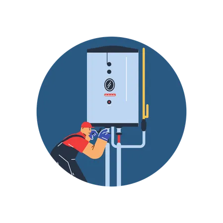 Professional plumber man installing water heater  Illustration