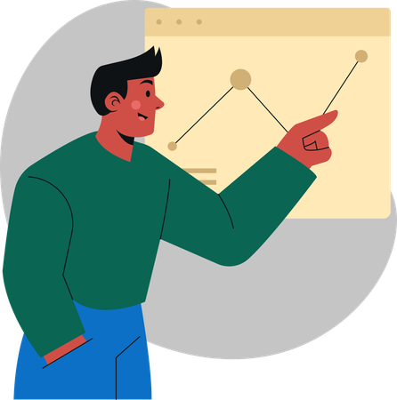 Professional Presenter Analyzing Data Trends on  Screen with Engaging Gestures for Audience Understanding  Illustration