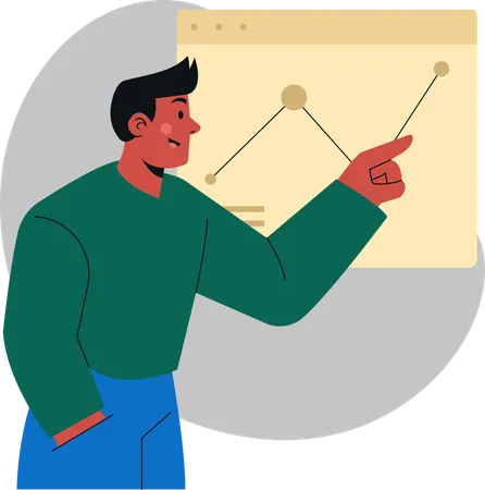 Professional Presenter Analyzing Data Trends on  Screen with Engaging Gestures for Audience Understanding  Illustration