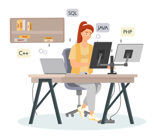 Professional programmer writing code for testing computer software Illustration