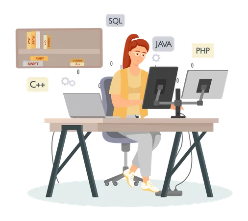Professional programmer writing code for testing computer software Illustration