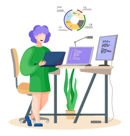 Professional programmer writing code for testing computer software  Illustration