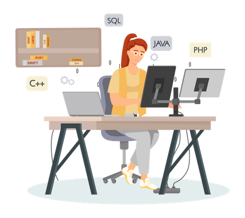 Professional programmer writing code for testing computer software  Illustration