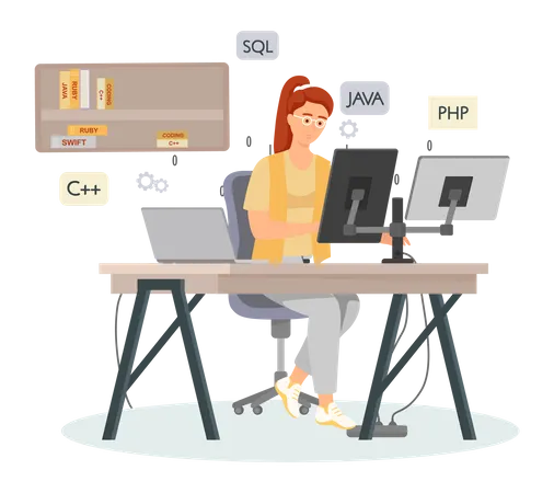 Professional programmer writing code for testing computer software  Illustration