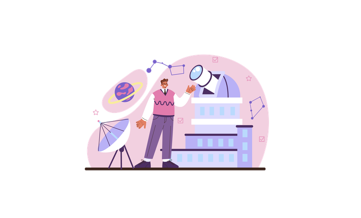 Professional scientist looking through telescope at stars in observatory  イラスト