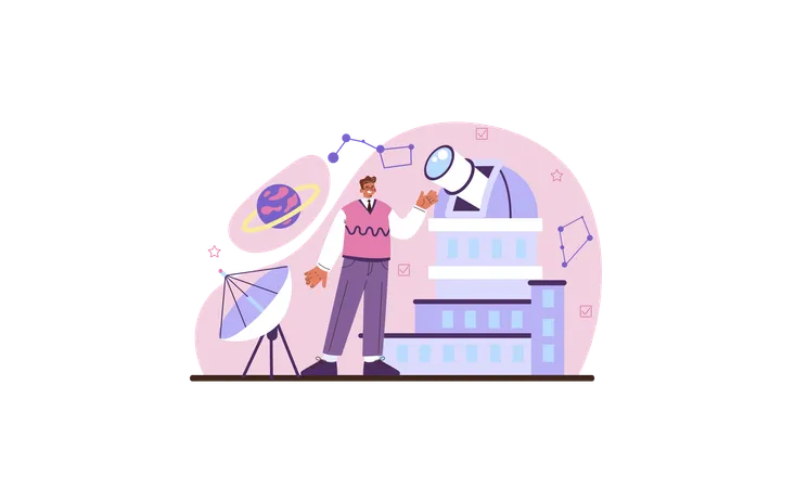 Astronomy And Astronomer Web Banner Or Landing Page Professional Scientist Looking Through A Telescope At The Stars In Observatory Astrophysicist Study Universe Flat Vector Illustration Illustration