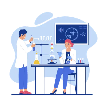 Professional Scientists Researchers Working And Analysis In Laboratory Experiment Vector Flat Illustration イラスト