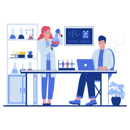 Professional Scientists Researchers Working And Analysis In Laboratory Experiment Vector Flat Illustration イラスト