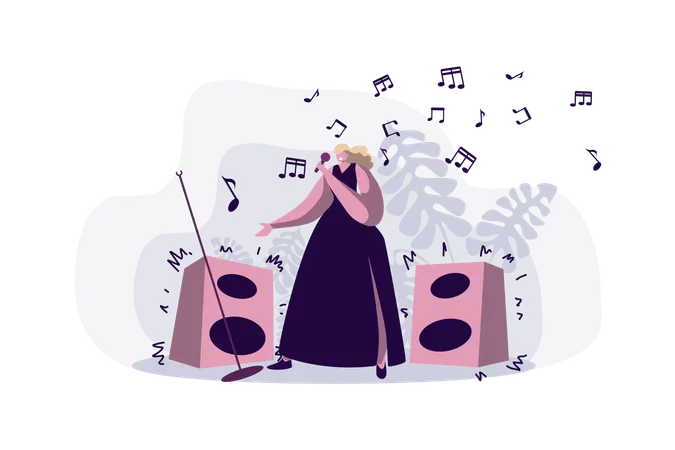 Professional Singer Performing Song Young Woman In Dress Holding Microphone Female Pop Star Karaoke Show Business Entertainment Industry Concept Cartoon Sketch Flat Vector Illustration Illustration