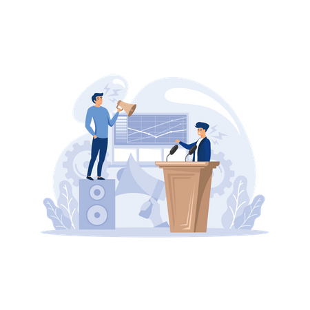 Professional speaker concept. Rhetoric or elocution specialist speaking to a microphone. Business seminar speaker. Broadcasting or public address. Flat vector illustration  Illustration