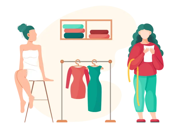 Woman Planning Model Of Future Garment Professional Tailoring Studio Sewing Clothes Tailor Takes Measurements Girl In White Dress Sits On Stool And Looks At Seamstress With Centimeter And Paper Illustration