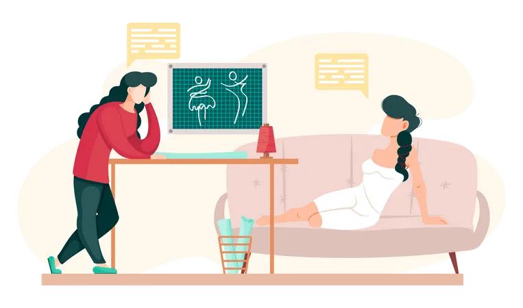Woman Planning Model Of Future Garment Professional Tailoring Studio Sewing Clothes Tailor Drawing Pattern Girl Lies On Comfortable Sofa And Looks At Board With Pattern Vector Illustration Illustration