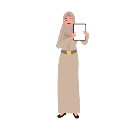 Professional thai muslim teacher in government uniform explaining lesson with tablet  Illustration
