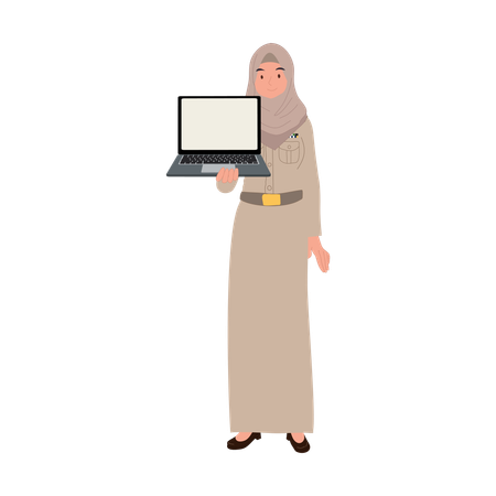 Professional thai muslim teacher in hijab explaining lessons with laptop  Illustration