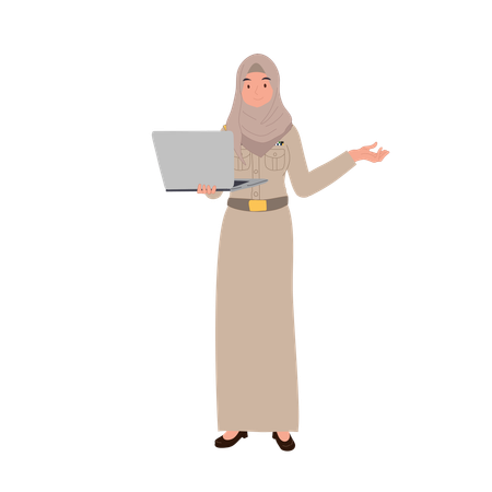 Professional thai muslim teacher in hijab explaining lessons with laptop  Illustration