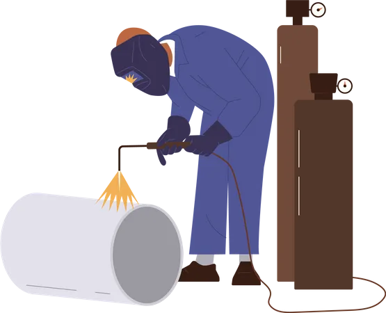 Professional welder at workplace welding metal pipe construction with sparkling gas cutting torch  Illustration