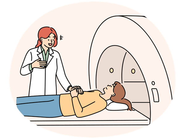 Professional woman doctor prepares patient for tomography procedure in clinic  Illustration