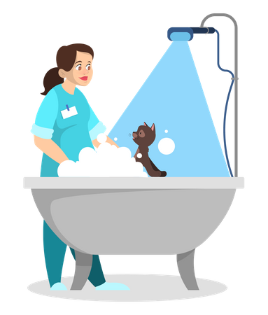 Professional worker in the uniform wash cat in veterinary Illustration
