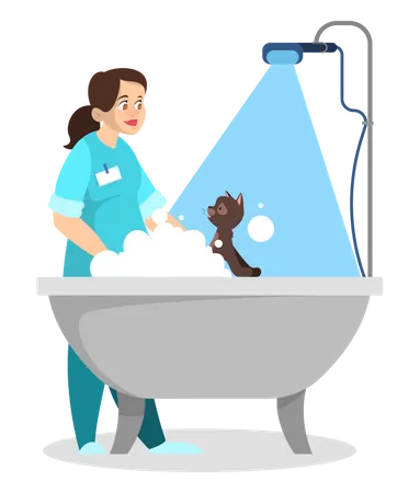 Professional worker in the uniform wash cat in veterinary Illustration