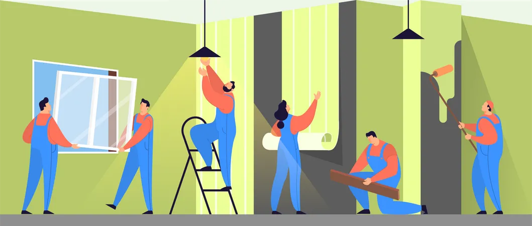 Professional worker in uniform doing house renovation  Illustration