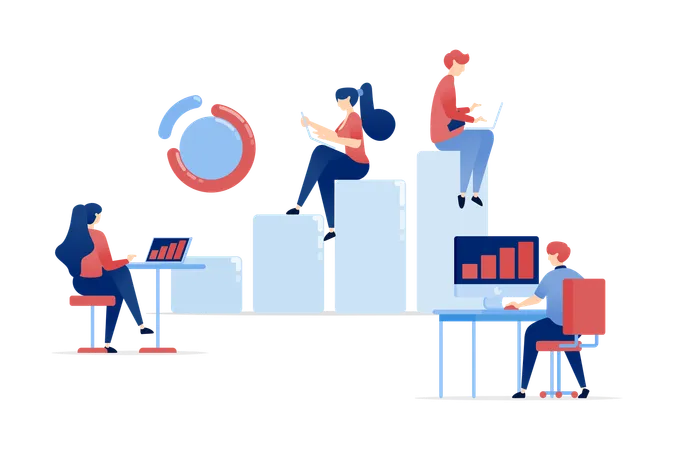 Professionals Sit on Bar Charts Analyzing Career Improvements and Financial Achievements for Future Goals  Illustration