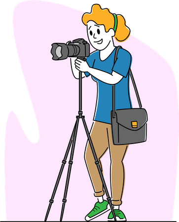 Professionelle Fotografin mit Fotokamera auf Stativ macht Bilder  Illustration