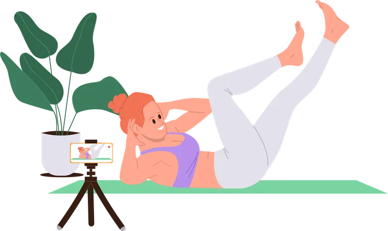 Professionelle Sporttrainerin demonstriert Workouts im Pilates-Kurs online  Illustration