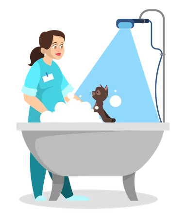 Professioneller Arbeiter in der Uniform waschen Katze in der Veterinärmedizin  Illustration