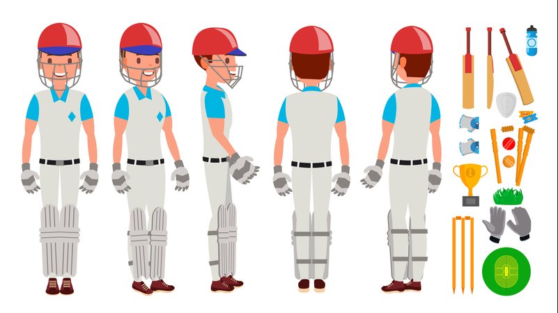 Professionelle, Cricketspieler, Vector., Ausgerüstet, Players., Pads,, Bats,, Helmet., Freigestellt, Weiß, Karikatur, Zeichen, Abbildung  Illustration