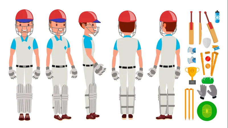 Professionelle, Cricketspieler, Vector., Ausgerüstet, Players., Pads,, Bats,, Helmet., Freigestellt, Weiß, Karikatur, Zeichen, Abbildung  Illustration