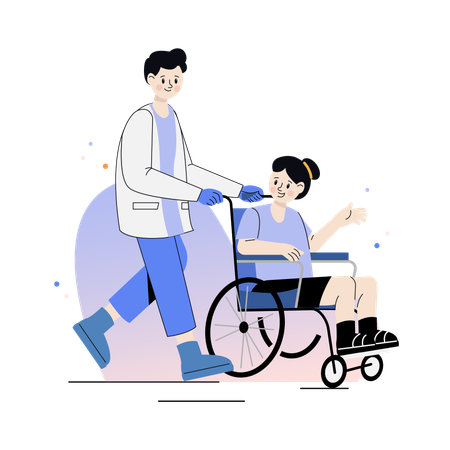 Professionnel de la santé aidant un patient en fauteuil roulant  Illustration