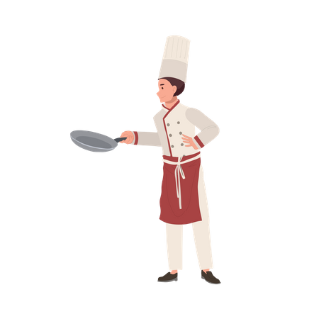 Chef masculin professionnel en chapeau de chef tenant la poêle  Illustration