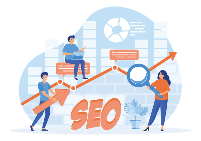 Professionnels tenant une loupe et effectuant des recherches SEO  Illustration