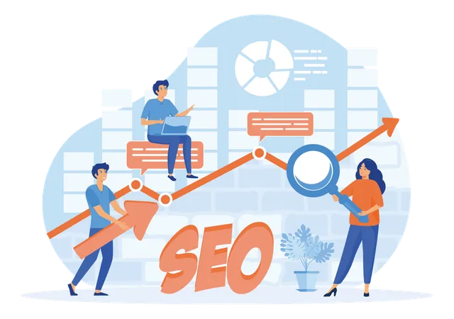 Professionnels tenant une loupe et effectuant des recherches SEO  Illustration