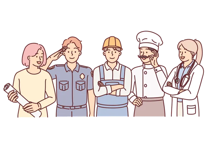 People Of Different Professions Stand Together Next To Service Uniforms For Labor Day Banner Successful Cook With Doctor Near Young Policeman And Builder Offer To Celebrate Labor Day Illustration
