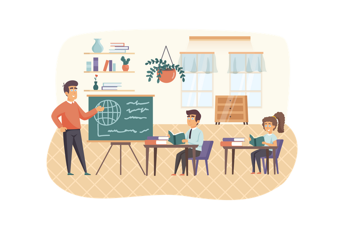 Professor aguarda quadro-negro, alunos estudam em sala de aula  Ilustração