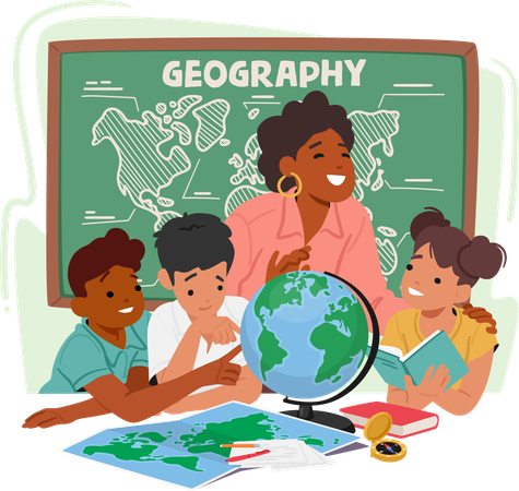 Professor apaixonado de geografia fica em meio a um grupo diversificado de crianças curiosas  Ilustração