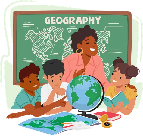 Professor apaixonado de geografia fica em meio a um grupo diversificado de crianças curiosas  Ilustração