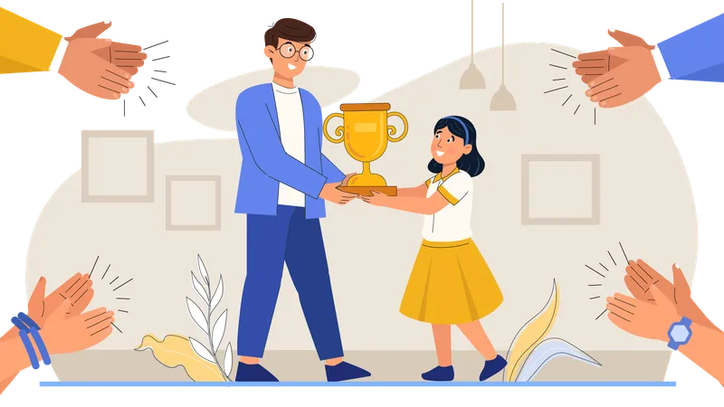 Professor dando troféu para menina  Ilustração