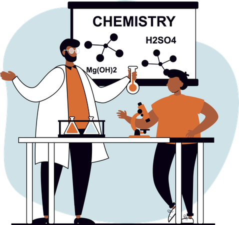 Professor e aluno no laboratório de química  Ilustração