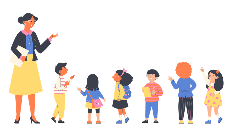 Professor e crianças da escola ou jardim de infância  Ilustração