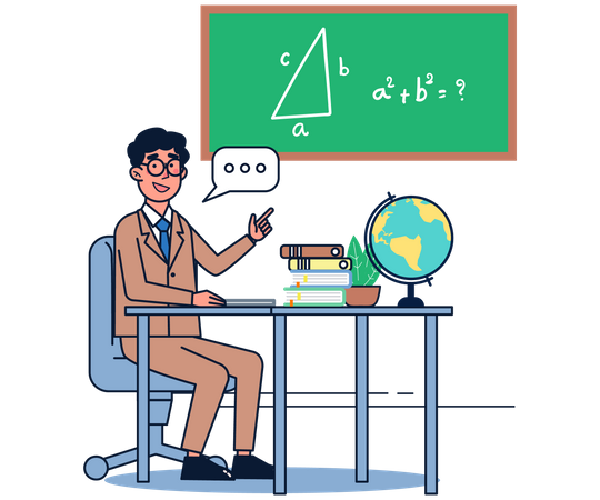 Professor masculino em pé ensina matemática pelo quadro da escola  Ilustração