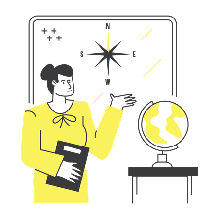 Aula de mapa envolvente para professores com bússola e globo  Ilustração