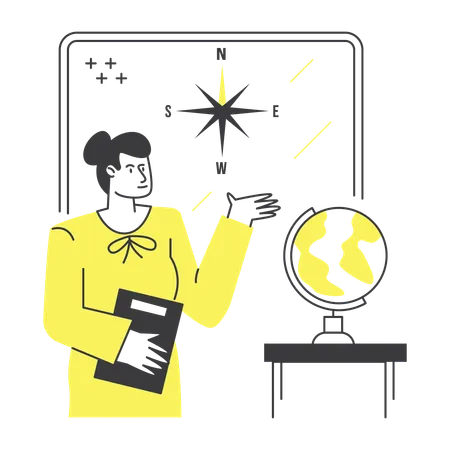 Aula de mapa envolvente para professores com bússola e globo  Ilustração