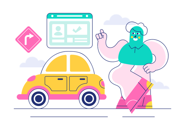 Professor explica instruções de direção cuidadosa na Escola de Direção Automotiva  Ilustração