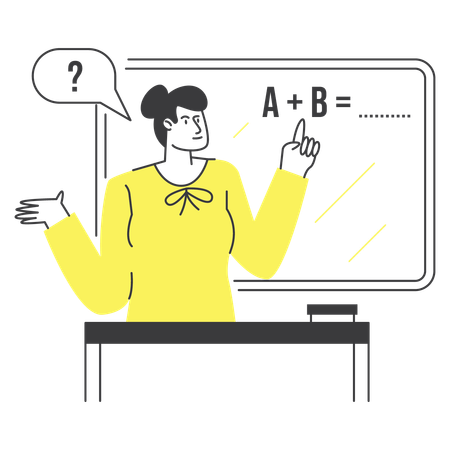 Professor explicando equações matemáticas em sala de aula  Ilustração