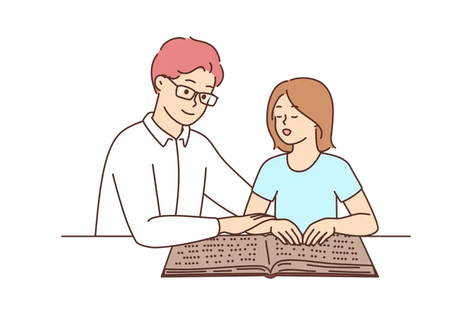 Professor helping blind child to read  Illustration