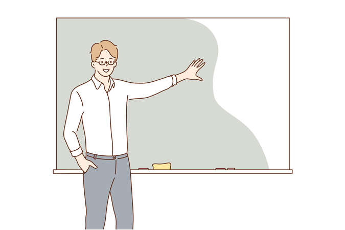 O professor masculino está explicando no quadro de apresentação  Ilustração