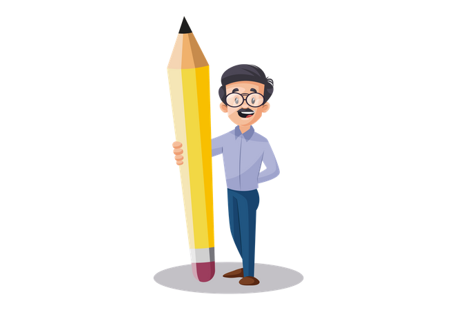Professor masculino indiano em pé com lápis grande como conceito de propaganda educacional  Ilustração