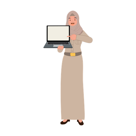 Professora muçulmana tailandesa usando hijab explicando aulas com laptop  Ilustração